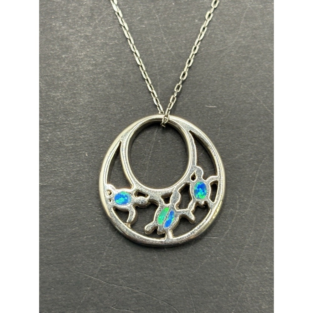 Vintage Sterling Silver Lab Opal Turtle Pendant Necklace 925 H5